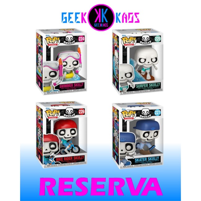 4-PACK - FUNKO POP! - SKULLY - SWIMMER SKULLY 224, SURFER SKULLY 225, BIKE RIDER SKULLY 226, SKATER SKULLY 227
