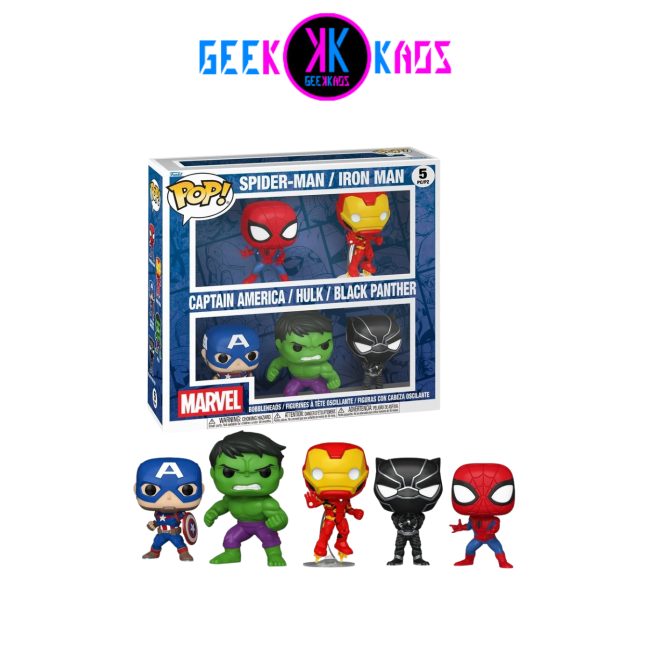 5-PACK - FUNKO POP! - MARVEL - SPIDER-MAN / IRON MAN / CAPTAIN AMERICA / HULK / BLACK PANTHER